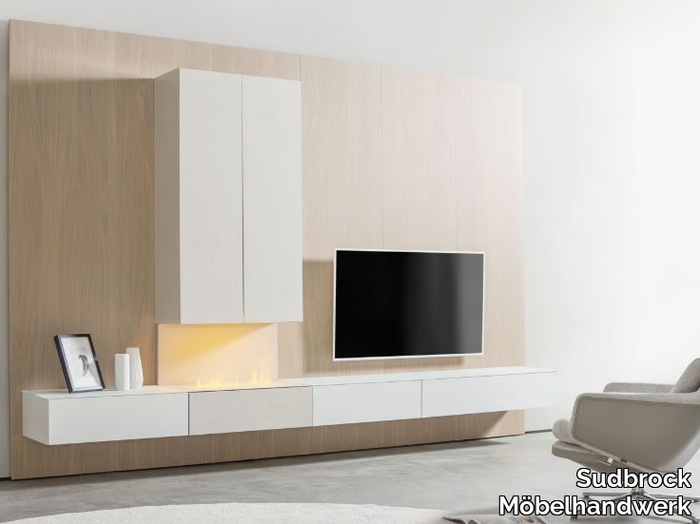 CUBO 158 - Wall-mounted storage wall with fireplace _ Sudbrock Möbelhandwerk