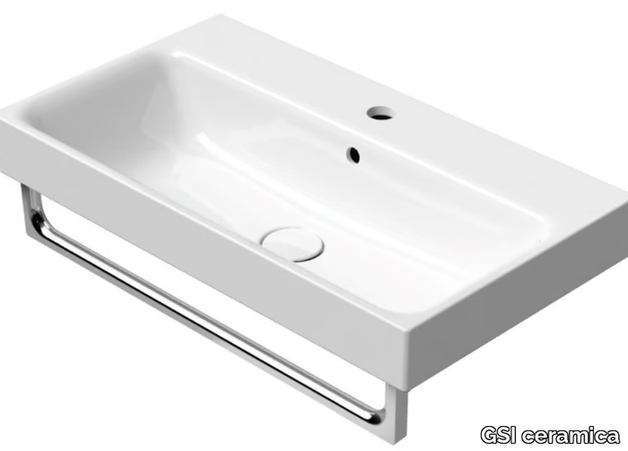 NUBES 70X40 - Wall-mounted rectangular ceramic washbasin with towel rail _ GSI ceramica