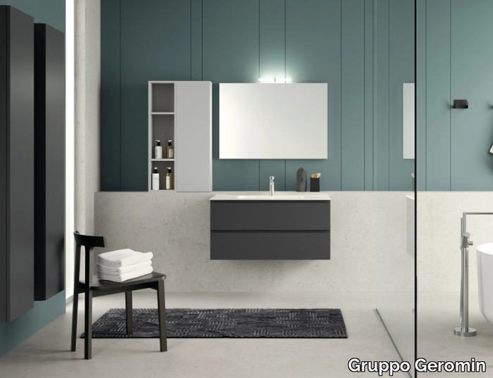 QUB06 - Single wooden vanity unit with integrated washbasin with cabinets _ Gruppo Geromin