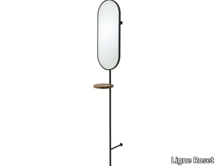 LOOMY - Oval wall-mounted glass and steel mirror with shelf _ Ligne Roset