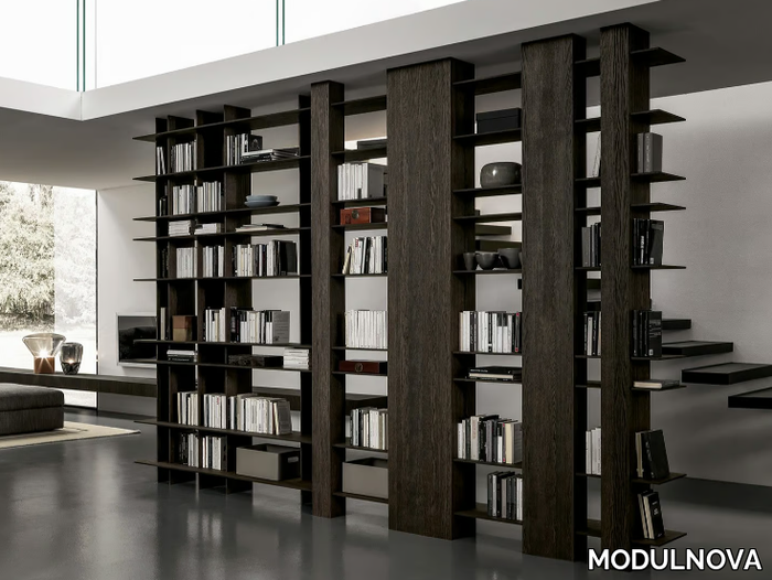 BLADE - Double-sided floor-ceiling mounted eucalyptus bookcase _ MODULNOVA