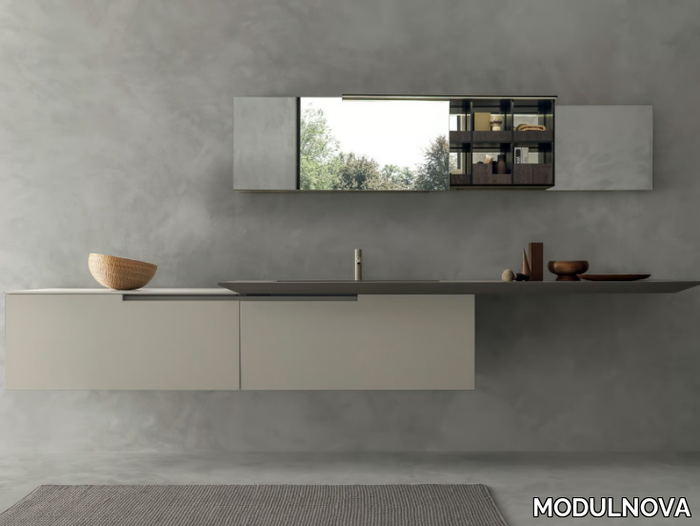 CROSS - Single wall-mounted wooden vanity unit with integrated washbasin _ MODULNOVA