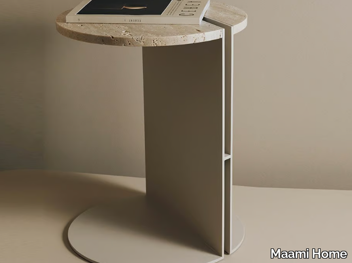 HALF TRAVERTINE - Low round side table in marble and aluminum _ Maami Home