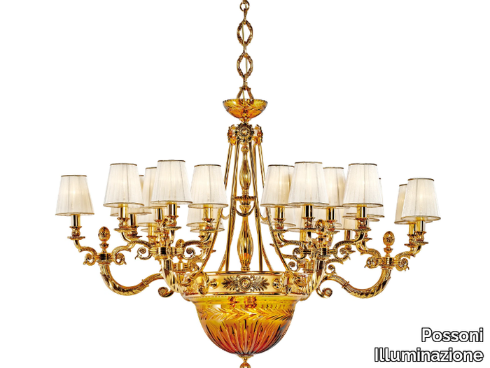 AMBER 431/24+6 - Shaded gold plated chandelier with amber crystal and shades _ Possoni Illuminazione